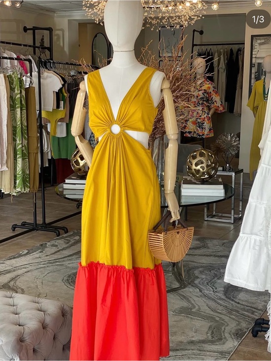 En Creme Dresses & Skirts - En Creme Yellow and Red Ring-Cutout Maxi Dress